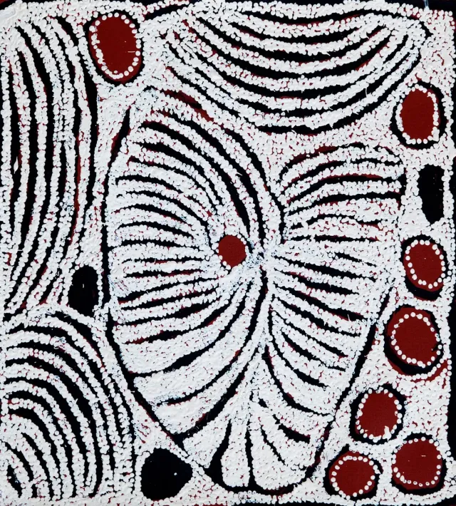 Australian Indigenous (Aboriginal and Torres Strait Islander) artwork by NINGURA NAPURRULA of Papunya Tula Artists. The title is Ngaminya. [NN1112085] (Acrylic on Belgian Linen)
