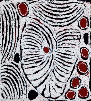 Australian Indigenous (Aboriginal and Torres Strait Islander) artwork by NINGURA NAPURRULA of Papunya Tula Artists. The title is Ngaminya. [NN1112085] (Acrylic on Belgian Linen)