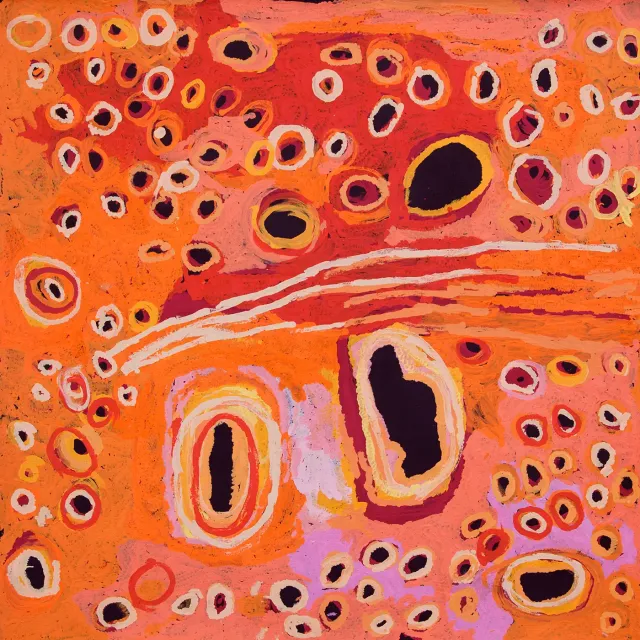 Australian Indigenous (Aboriginal and Torres Strait Islander) artwork by KATARRA BUTLER NAPALTJARRI of Papunya Tula Artists. The title is Ngaminya. [KB1403078] (Acrylic on Belgian Linen)