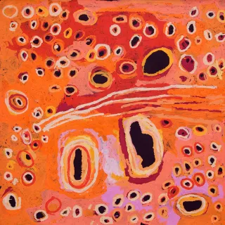 Australian Indigenous (Aboriginal and Torres Strait Islander) artwork by KATARRA BUTLER NAPALTJARRI of Papunya Tula Artists. The title is Ngaminya. [KB1403078] (Acrylic on Belgian Linen)