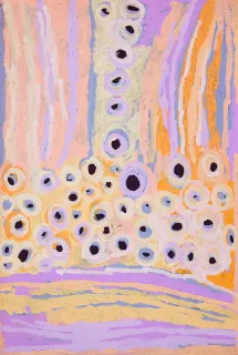 Australian Indigenous (Aboriginal and Torres Strait Islander) artwork by KATARRA BUTLER NAPALTJARRI of Papunya Tula Artists. The title is Ngaminya. [KB1311001] (Acrylic on Belgian Linen)