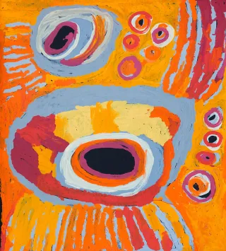 Australian Indigenous (Aboriginal and Torres Strait Islander) artwork by KATARRA BUTLER NAPALTJARRI of Papunya Tula Artists. The title is Ngaminya. [KB1407109] (Acrylic on Belgian Linen)