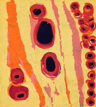 Australian Indigenous (Aboriginal and Torres Strait Islander) artwork by KATARRA BUTLER NAPALTJARRI of Papunya Tula Artists. The title is Ngaminya. [KB1403047] (Acrylic on Belgian Linen)