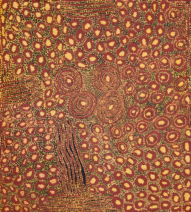 Australian Indigenous (Aboriginal and Torres Strait Islander) artwork by NANYUMA NAPANGATI of Papunya Tula Artists. The title is Ngaminya. [NN1604026] (Acrylic on Belgian Linen)