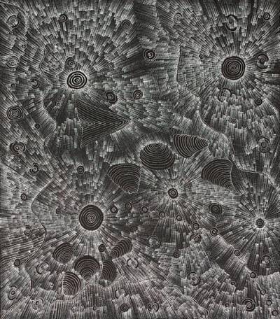 Australian Indigenous (Aboriginal and Torres Strait Islander) artwork by LOLA (LISA) NAMPIJINPA BROWN of Warlukurlangu Artists (Yuendumu). The title is Ngapa Jukurrpa (Water Dreaming) - Mikanji. [2359/13] (Acrylic on Belgian Linen)