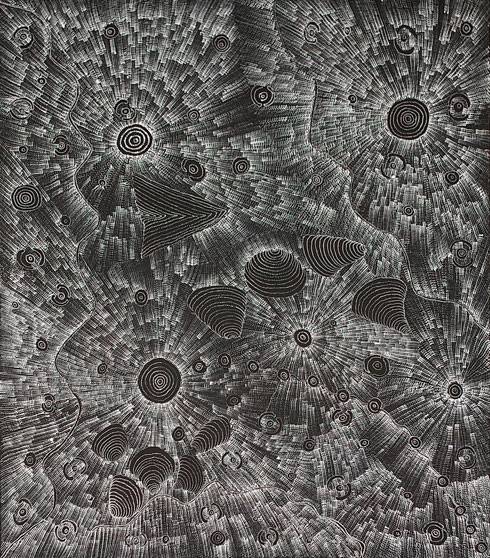 Australian Indigenous (Aboriginal and Torres Strait Islander) artwork by LOLA (LISA) NAMPIJINPA BROWN of Warlukurlangu Artists (Yuendumu). The title is Ngapa Jukurrpa (Water Dreaming) - Mikanji. [2359/13] (Acrylic on Belgian Linen)