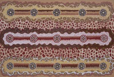 Australian Indigenous (Aboriginal and Torres Strait Islander) artwork by CLARISE NAMPIJINPA POULSON of Warlukurlangu Artists (Yuendumu). The title is Ngapa Jukurrpa (Water Dreaming) - Mikanji. [1319/07] (Acrylic on Belgian Linen)