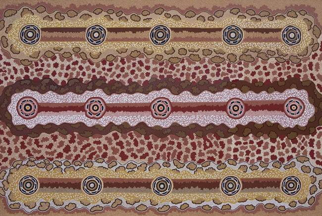 Australian Indigenous (Aboriginal and Torres Strait Islander) artwork by CLARISE NAMPIJINPA POULSON of Warlukurlangu Artists (Yuendumu). The title is Ngapa Jukurrpa (Water Dreaming) - Mikanji. [1319/07] (Acrylic on Belgian Linen)