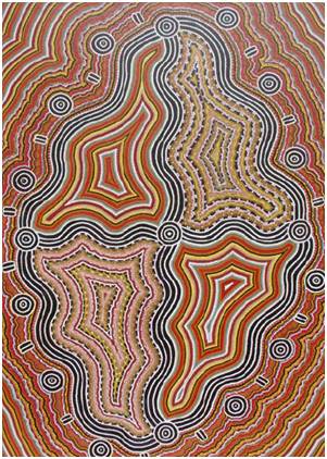 Australian Indigenous (Aboriginal and Torres Strait Islander) artwork by CLARISE NAMPIJINPA POULSON of Warlukurlangu Artists (Yuendumu). The title is Ngapa Jukurrpa (Water Dreaming) - Mikanji. [4128/07] (Acrylic on Belgian Linen)