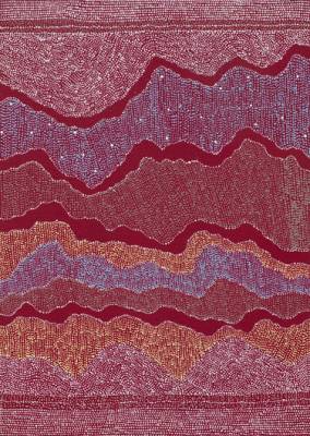 Australian Indigenous (Aboriginal and Torres Strait Islander) artwork by JULIE NANGALA ROBERTSON of Warlukurlangu Artists (Yuendumu). The title is Ngapa Jukurrpa (Water Dreaming) - Pirlinyarnu. [580/09] (Acrylic on Canvas)