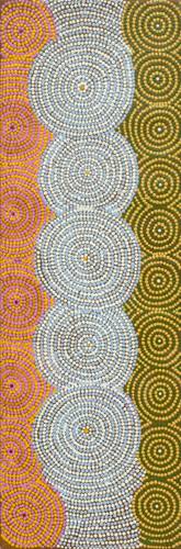 Australian Indigenous (Aboriginal and Torres Strait Islander) artwork by ROSLYN NAPALJARRI JONES of Warlukurlangu Artists (Yuendumu). The title is Ngapa Jukurrpa (Water Dreaming) - Pirlinyarnu. [3527/07] (Acrylic on Belgian Linen)