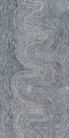 Australian Indigenous (Aboriginal and Torres Strait Islander) artwork by PHYLLIS NAPURRURLA WILLIAMS of Warlukurlangu Artists (Yuendumu). The title is Ngapa Jukurrpa (Water Dreaming) - Pirlinyarnu. [608/13ny] (Acrylic on Belgian Linen)