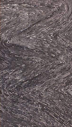 Australian Indigenous (Aboriginal and Torres Strait Islander) artwork by PHYLLIS NAPURRURLA WILLIAMS of Warlukurlangu Artists (Yuendumu). The title is Ngapa Jukurrpa (Water Dreaming) - Pirlinyarnu. [801/13ny] (Acrylic on Belgian Linen)