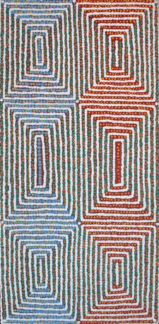Australian Indigenous (Aboriginal and Torres Strait Islander) artwork by KEVIN JAMPIJINPA FRY of Warlukurlangu Artists (Yuendumu). The title is Ngapa Jukurrpa (Water Dreaming) - Pirlinyarnu. [172/13ny] (Acrylic on Belgian Linen)