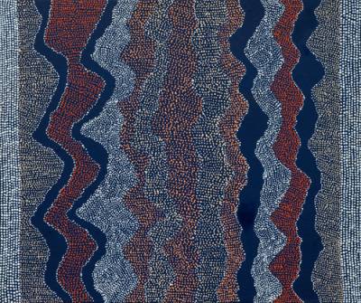 Australian Indigenous (Aboriginal and Torres Strait Islander) artwork by JULIE NANGALA ROBERTSON of Warlukurlangu Artists (Yuendumu). The title is Ngapa Jukurrpa (Water Dreaming) - Pirlinyarnu. [249/09] (Acrylic on Canvas)