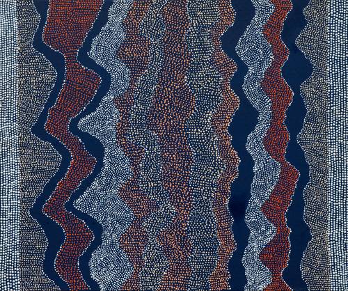 Australian Indigenous (Aboriginal and Torres Strait Islander) artwork by JULIE NANGALA ROBERTSON of Warlukurlangu Artists (Yuendumu). The title is Ngapa Jukurrpa (Water Dreaming) - Pirlinyarnu. [249/09] (Acrylic on Canvas)