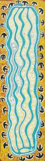 Australian Indigenous (Aboriginal and Torres Strait Islander) artwork by ROSIE NANGALA FLEMMING of Warlukurlangu Artists (Yuendumu). The title is Ngapa Jukurrpa (Water Dreaming) - Puyurru. [545/07] (Acrylic on Belgian Linen)