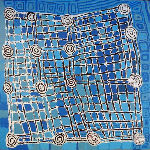 Australian Indigenous (Aboriginal and Torres Strait Islander) artwork by MICKEY JAMPIJINPA SINGLETON of Warlukurlangu Artists (Yuendumu). The title is Ngapa Jukurrpa (Water Dreaming) - Puyurru. [990/12ny] (Acrylic on Belgian Linen)