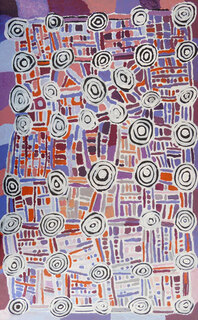 Australian Indigenous (Aboriginal and Torres Strait Islander) artwork by MICKEY JAMPIJINPA SINGLETON of Warlukurlangu Artists (Yuendumu). The title is Ngapa Jukurrpa (Water Dreaming) - Puyurru. [147/12ny] (Acrylic on Belgian Linen)