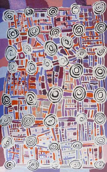 Australian Indigenous (Aboriginal and Torres Strait Islander) artwork by MICKEY JAMPIJINPA SINGLETON of Warlukurlangu Artists (Yuendumu). The title is Ngapa Jukurrpa (Water Dreaming) - Puyurru. [147/12ny] (Acrylic on Belgian Linen)