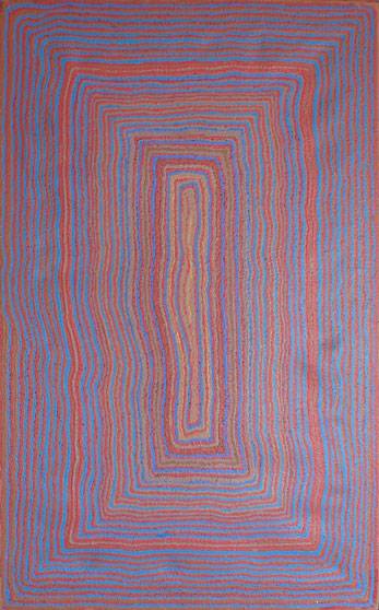 Australian Indigenous (Aboriginal and Torres Strait Islander) artwork by TOPSY NAPURRURLA FISHER of Warlukurlangu Artists (Yuendumu). The title is Ngapa Jukurrpa (Water Dreaming) - Puyurru. [119/10ny] (Acrylic on Belgian Linen)