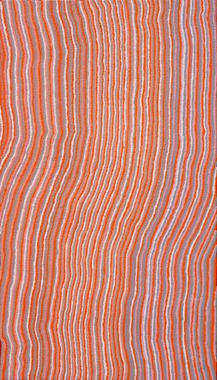 Australian Indigenous (Aboriginal and Torres Strait Islander) artwork by TOPSY NAPURRURLA FISHER of Warlukurlangu Artists (Yuendumu). The title is Ngapa Jukurrpa (Water Dreaming) - Puyurru. [330/11ny] (Acrylic on Belgian Linen)