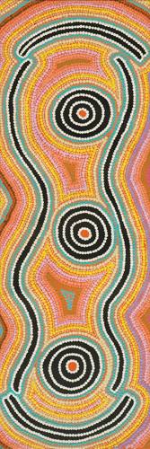 Australian Indigenous (Aboriginal and Torres Strait Islander) artwork by FELICITY NAMPIJINPA ROBERTSON of Warlukurlangu Artists (Yuendumu). The title is Ngapa Jukurrpa (Water Dreaming) - Puyurru. [2956/07] (Acrylic on Belgian Linen)