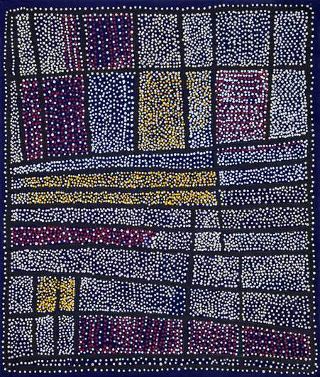 Australian Indigenous (Aboriginal and Torres Strait Islander) artwork by SHORTY JANGALA ROBERTSON of Warlukurlangu Artists (Yuendumu). The title is Ngapa Jukurrpa (Water Dreaming) - Puyurru. [104/09] (Acrylic on Linen)