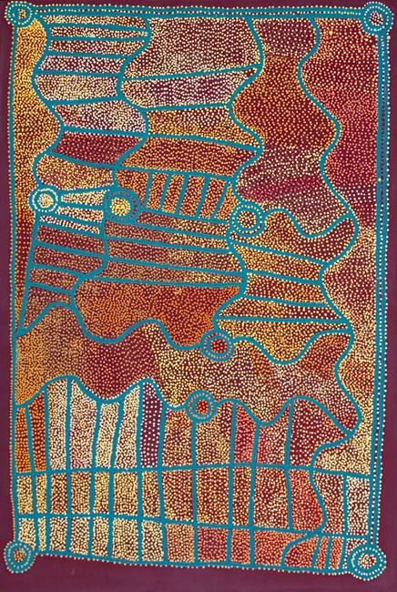 Australian Indigenous (Aboriginal and Torres Strait Islander) artwork by SHORTY JANGALA ROBERTSON of Warlukurlangu Artists (Yuendumu). The title is Ngapa Jukurrpa (Water Dreaming) - Puyurru. [4504/08] (Acrylic on Canvas)
