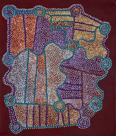 Australian Indigenous (Aboriginal and Torres Strait Islander) artwork by SHORTY JANGALA ROBERTSON of Warlukurlangu Artists (Yuendumu). The title is Ngapa Jukurrpa (Water Dreaming) - Puyurru. [10/09] (Acrylic on Canvas)