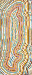 Australian Indigenous (Aboriginal and Torres Strait Islander) artwork by TOPSY NAPURRURLA FISHER of Warlukurlangu Artists (Yuendumu). The title is Ngapa Jukurrpa (Water Dreaming) - Puyurru. [96/09ny] (Acrylic on Canvas)