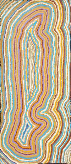 Australian Indigenous (Aboriginal and Torres Strait Islander) artwork by TOPSY NAPURRURLA FISHER of Warlukurlangu Artists (Yuendumu). The title is Ngapa Jukurrpa (Water Dreaming) - Puyurru. [96/09ny] (Acrylic on Canvas)