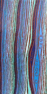 Australian Indigenous (Aboriginal and Torres Strait Islander) artwork by CHRISTINE NAKAMARRA CURTIS of Warlukurlangu Artists (Yuendumu). The title is Ngapa Jukurrpa (Water Dreaming) - Wapurtali. [653/12ny] (Acrylic on Belgian Linen)