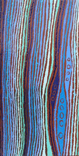 Australian Indigenous (Aboriginal and Torres Strait Islander) artwork by CHRISTINE NAKAMARRA CURTIS of Warlukurlangu Artists (Yuendumu). The title is Ngapa Jukurrpa (Water Dreaming) - Wapurtali. [653/12ny] (Acrylic on Belgian Linen)