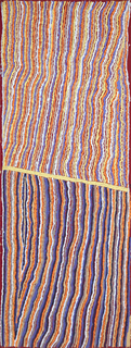 Australian Indigenous (Aboriginal and Torres Strait Islander) artwork by ENA NAKAMARRA GIBSON of Warlukurlangu Artists (Yuendumu). The title is Ngapa Jukurrpa (Water Dreaming) - Wapurtali. [88/09ny] (Acrylic on Canvas)