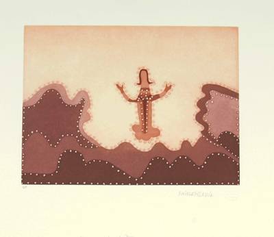 Australian Indigenous (Aboriginal and Torres Strait Islander) artwork by SHIRLEY PURDIE of Warmun Artists. The title is Ngapuny Ascends. [WAC P112/17] (Etching - edition of 40)