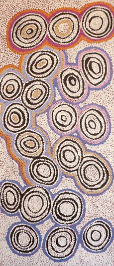 Australian Indigenous (Aboriginal and Torres Strait Islander) artwork by BESSIE NAKAMARRA SIMS of Warlukurlangu Artists (Yuendumu). The title is Ngarlajiyi Jukurrpa (Bush Carrot Dreaming). [4177/10] (Acrylic on Belgian Linen)