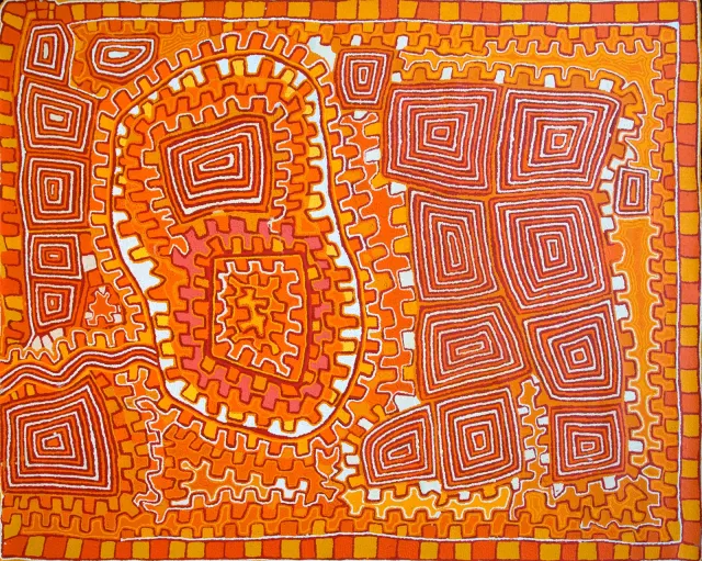 Australian Indigenous (Aboriginal and Torres Strait Islander) artwork by PATRICK TJUNGURRAYI of Papunya Tula Artists. The title is Ngarru. [PT1102014] (Acrylic on Belgian Linen)