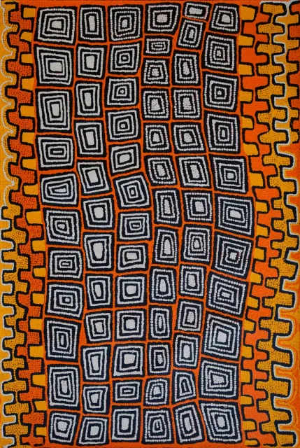 Australian Indigenous (Aboriginal and Torres Strait Islander) artwork by PATRICK TJUNGURRAYI of Papunya Tula Artists. The title is Ngarru. [PT1105174] (Acrylic on Belgian Linen)