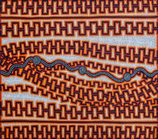 Australian Indigenous (Aboriginal and Torres Strait Islander) artwork by MATTHEW WEST TJUPURRULA of Papunya Tula Artists. The title is Ngarru. [MW1410118] (Acrylic on Belgian Linen)