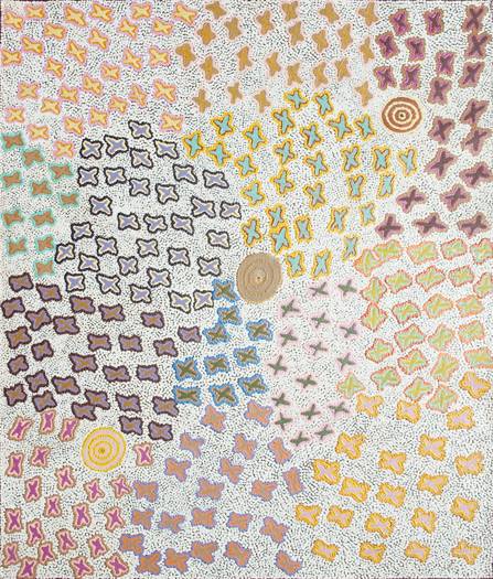 Australian Indigenous (Aboriginal and Torres Strait Islander) artwork by RUTH NAPALJARRI STEWART of Warlukurlangu Artists (Yuendumu). The title is Ngatijirri Jukurrpa (Budgerigar Dreaming). [4083/07] (Acrylic on Belgian Linen)