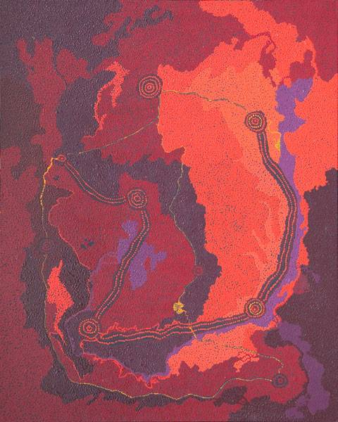 Australian Indigenous (Aboriginal and Torres Strait Islander) artwork by MAUREEN BAKER of Tjungu Palya Artists. The title is Ngayuku Mamaku Ngura (My Father’s Country). [13323] (Acrylic on Linen)