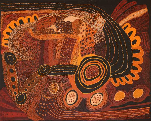 Australian Indigenous (Aboriginal and Torres Strait Islander) artwork by JUDY MARTIN of Mimili Maku Arts. The title is Ngayuku Mamaku Ngura (My Father’s Country). [70-19] (Acrylic on Linen)