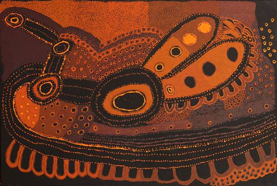Australian Indigenous (Aboriginal and Torres Strait Islander) artwork by JUDY MARTIN of Mimili Maku Arts. The title is Ngayuku Mamaku Ngura (My Father’s Country). [155-19] (Acrylic on Linen)