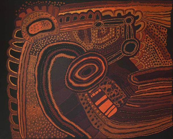 Australian Indigenous (Aboriginal and Torres Strait Islander) artwork by JUDY MARTIN of Mimili Maku Arts. The title is Ngayuku Mamaku Ngura (My Father’s Country). [280-19] (Acrylic on Linen)