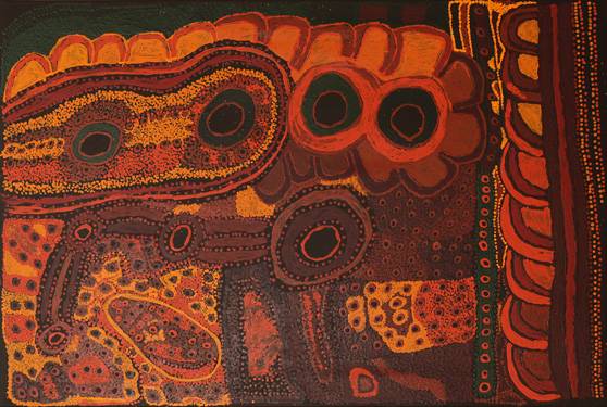 Australian Indigenous (Aboriginal and Torres Strait Islander) artwork by JUDY MARTIN of Mimili Maku Arts. The title is Ngayuku Mamaku Ngura (My Father’s Country). [357-19] (Acrylic on Linen)