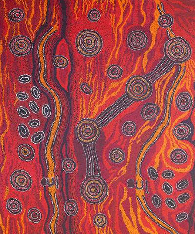 Australian Indigenous (Aboriginal and Torres Strait Islander) artwork by MAUREEN BAKER of Tjungu Palya Artists. The title is Ngayuku Mamaku Ngura (My Father’s Country). [14-402] (Acrylic on Canvas)