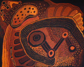 Australian Indigenous (Aboriginal and Torres Strait Islander) artwork by JUDY MARTIN of Mimili Maku Arts. The title is Ngayuku Mamaku Ngura (My Father’s Country). [146-19] (Acrylic on Linen)