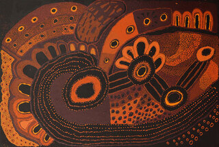 Australian Indigenous (Aboriginal and Torres Strait Islander) artwork by JUDY MARTIN of Mimili Maku Arts. The title is Ngayuku Mamaku Ngura (My Father’s Country). [154-19] (Acrylic on Linen)