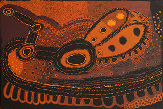 Australian Indigenous (Aboriginal and Torres Strait Islander) artwork by JUDY MARTIN of Mimili Maku Arts. The title is Ngayuku Mamaku Ngura (My Father’s Country). [155-19] (Acrylic on Linen)